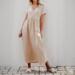 Casual Loose Button V Neck Solid Color Dress New Arrival European and American Style Perfect for
