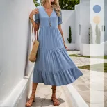 Summer A Line Midi Dress Solid Color Stand Collar Short Sleeve Casual Wear for Women Wholesale A