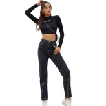 High Waisted Black Denim Straight Leg Pants Fashionable Trendy Comfortable Fall Winter Wear Whol