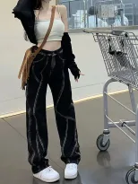 美式高街牛仔裤女2023春季新款分割线直筒宽松阔腿垂感拖地长裤潮
