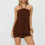 Summer Womens Short Ruched Bubble Dress Halter Neck Slim Fit Off Shoulder Perfect for Casual Out
