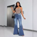 High Waisted Flared Jeans Slim Fit Split Hem Stretch Denim Casual Wear for Women Wholesale Avail