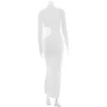 Elegant High Neck Long Sleeve Bodycon Dress Hollow Out Design Solid Color Slim Fit Perfect for E