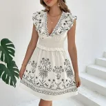 Womens Summer Dress Ruffled V Neck Embroidered Casual Beach Vacation Style Available in Apricot Wholesale Sizes S to XL