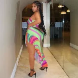 Fashionable Womens Rainbow Print Bodycon Dress Asymmetrical Neckline Summer Beach Style Wholesal