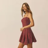 Summer Womens Dress Burgundy Polka Dot Floral Print Ruffled Hem Fitted Waist Wholesale Available