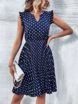 Polka Dot Ruffled Dress V Neck Short Sleeve Lightweight Fabric Casual Summer Wear Wholesale Avai