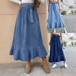 High Waisted Denim Skirt Mid Length Ruffled Hem Pleated Design Casual Wear for Women Wholesale A
