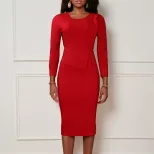 Plus Size Womens Spring Dress Solid Color Ruffled Hem Round Neck Bodycon Fit Office Wear Busines