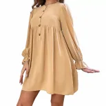 Womens Loose Fit Button Up Doll Dress Round Neck Long Sleeve Sweet and Fresh Style Perfect for S