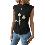 Sleeveless Black Floral Top Unique Chinese Style 3D Design Elegant Detailing Perfect for Casual