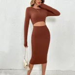 Knitted Bodycon Dress Sexy Hollow Waist Design Slim Fit Long Length Perfect for Parties and Nigh