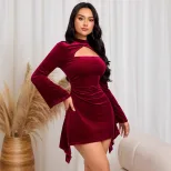 Elegant Burgundy Midi Dress Sophisticated Design Autumn Winter Style Perfect for Parties Wholesa