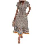 Floral A Line Dress for Women Short Sleeve Khaki Summer Casual Wear OEM ODM service