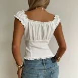 French Style White Sleeveless Top V Neck Single Breasted Waist Defining Ruffled Sleeves Casual S