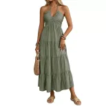 Casual Vacation Style Halter Neck Maxi Dress Solid Color Layered Design Flowy Silhouette Perfect
