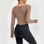 Womens Fitted Knit Long Sleeve T Shirt Exposed Stitching Halter Neck Stylish Design Autumn Winte