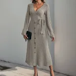 Knit Midi Dress Solid Color A Line Long Sleeve Comfortable Fabric Autumn Winter Fashion Wholesal