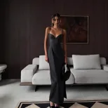 Chic Strapless A Line Dress Elegant Split Hem Thin Straps Solid Color PU Leather Perfect for Par