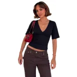 Womens Summer T Shirt Solid Color Slim Fit Deep V Neck Short Sleeve Versatile Casual Wear Wholes