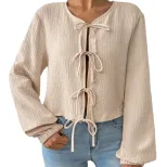 Elegant Womens T Shirt Loose Fit Short Length Tie Front Design Autumn Winter Casual Wear Wholesa