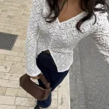 Lace Hollow Out T Shirt Pearl Button Split Hem Fitted Bell Sleeve Casual Wear for Women OEM Avai