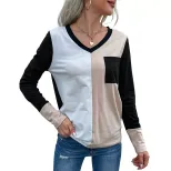Loose Fit Womens Long Sleeve T Shirt Color Block Design V Neck Comfortable Fabric Casual Wear Wh