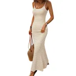 Knitted Striped Mermaid Dress Sleeveless Bodycon Fit Textured Fabric Vacation Style Perfect for