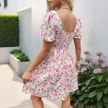 Summer Floral Print Dress Sweet Puff Sleeves Square Neckline Lightweight Fabric Perfect for Casu
