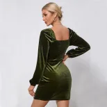 Bodycon Velvet Dress Slim Fit Split Hem Puff Sleeves Elegant Style Perfect for Spring Summer Eve