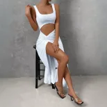 Sleeveless Midi Dress Simple Solid Color Hollow Out Design Slim Fit Spring Summer Fashion Wholes