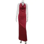 Backless Satin Midi Dress Deep V Neck Halter Neck Slim Fit Elegant Wine Red Cocktail Party Eveni
