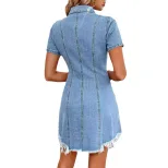 Vintage Denim Dress Slim Fit Short Sleeve Waist Cinching Design Perfect for Casual Outings Whole