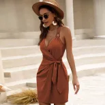 Summer Womens Sexy V Neck Tie Waist Vacation Sling Dress Lightweight Comfortable Elegant Perfect
