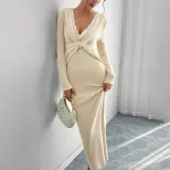 Lace Deep V Cross Body Fitted Knit Dress Long Sleeve Midi Length Bodycon Style Elegant for Dates