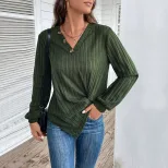 Womens Green V Neck Top Autumn Style Split Design Casual Wear Wholesale Available factory direct