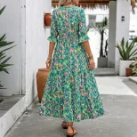 Abstract Print V Neck Midi Cake Dress Ethnic Style Short Sleeve Vacation Ready Wholesale Availab