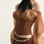 Off Shoulder Vintage Mesh Long Sleeve Top and Bodycon Mini Skirt Set Sexy Elegant Autumn Wholesa