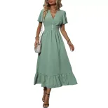 Summer Ruffle Hem Maxi Dress V Neck Fresh Green Elegant Design Perfect for Casual Outings Wholes