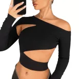 Womens Irregular Asymmetrical Neck Y2K Long Sleeve T Shirt Trendy European and American Style Sp