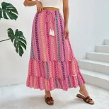 Bohemian Striped Print Skirt Summer Vacation Style Drawstring Tassel Details Lightweight Fabric