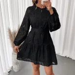 Elegant Black Jacquard Dress Round Neck Long Sleeve Spring Fall Style Perfect for Casual or Form