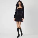 A Line Velvet Dress Slimming Waist Design Long Sleeves Square Neck Autumn Winter Party Wear Whol