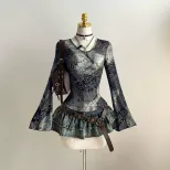 Slim Fit Floral Print V Neck Long Sleeve Dress Bell Sleeve Sexy Style Perfect for Parties Ready
