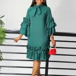 Elegant Layered Ruffle Bell Sleeve Dress Fashionable Loose Fit Tie Detail Perfect for Casual or