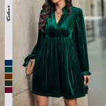 Vintage Style Green Velvet Dress Loose Fit Short Length Autumn Winter Fashion Wholesale Availabl