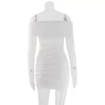 Lace Trimmed Off Shoulder Bodycon Dress Long Sleeve Pleated Design Elegant Style Perfect for Par