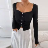 French Style Square Neck T Shirt Elegant Slim Fit Spring Summer Womens Fashion Top Wholesale Ava