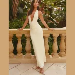 Womens Summer Elegant V Neck Halter Dress Slim Fit Solid Color Backless Design Perfect for Parti