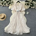 Elegant Puff Sleeve Maxi Dress for Women V Neck High Waist Design Summer Evening Wear